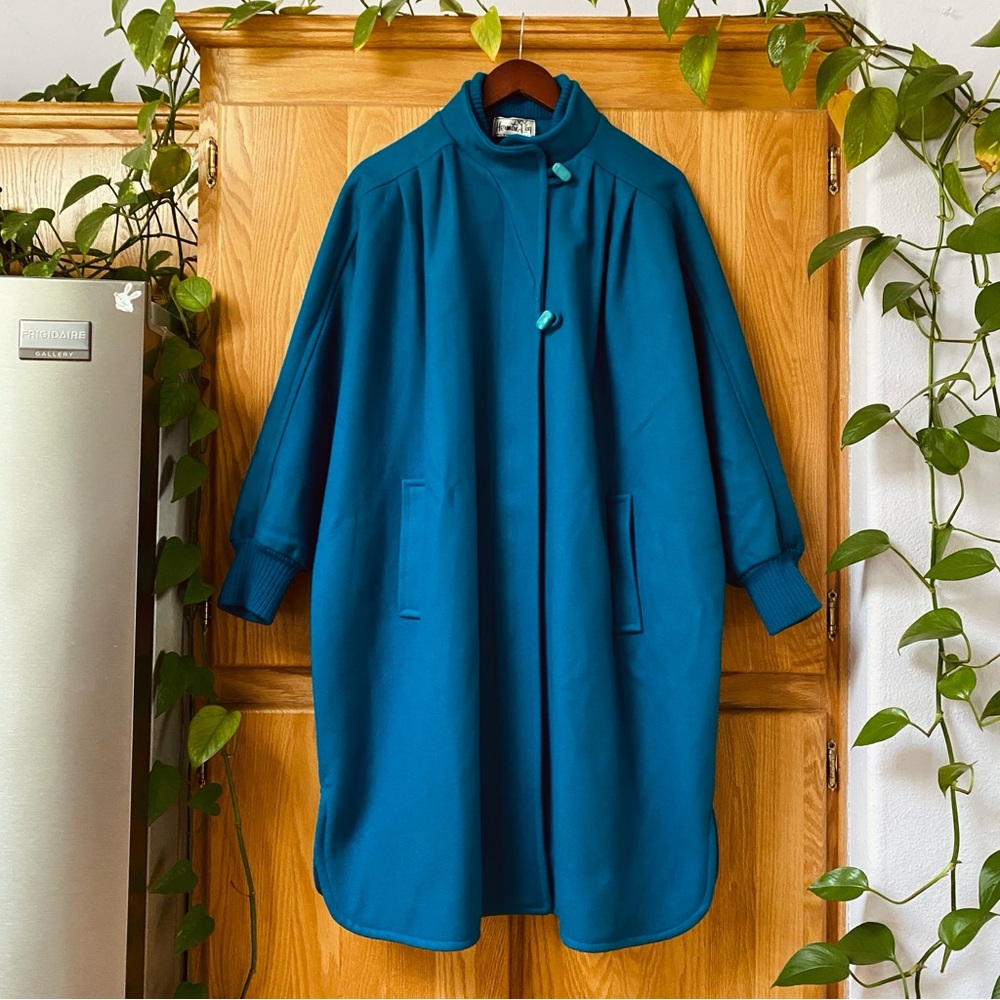 Vintage Wool Herman Kay Cobalt Royal Teal Blue Batwing Dolman Sleeve Pea Coat